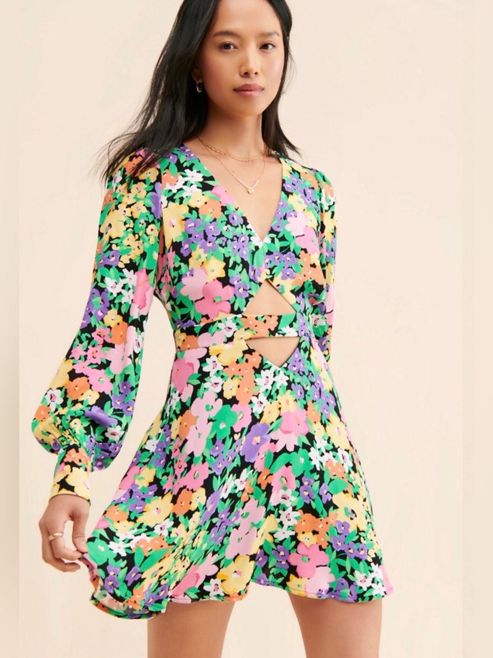 AFRM Floral V-Neck Mini Dress - Multicolor Floral Print